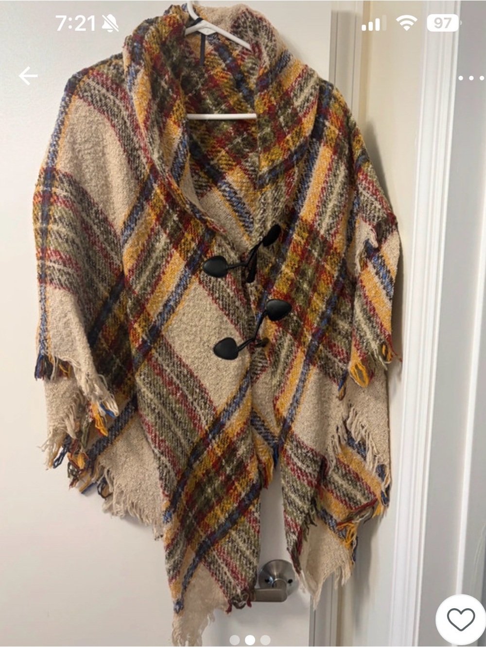 Beige Plaid Fringed Toggle Shawl Cape